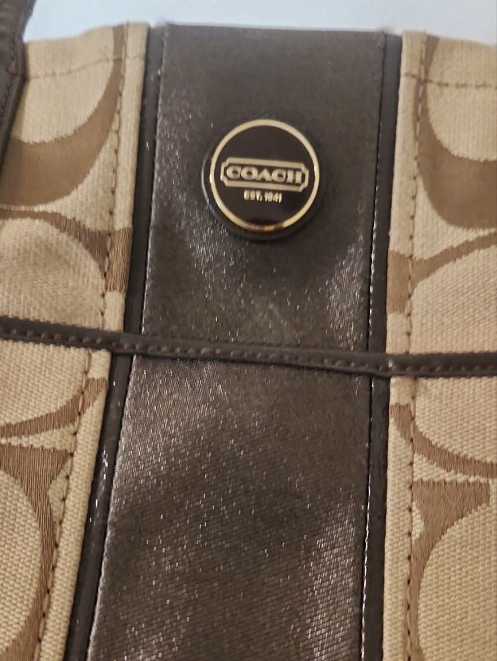 COACH Brown Signature Shoulder Tote with Dark Brown Trim - Picture 4 of 14